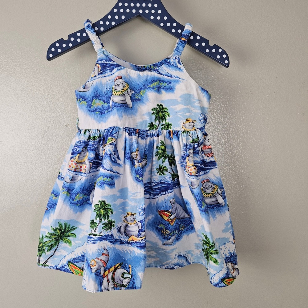 Pacific Legend Manatee Hawaiian Print Dress Toddler Sz 1-2y Blue White Ocean